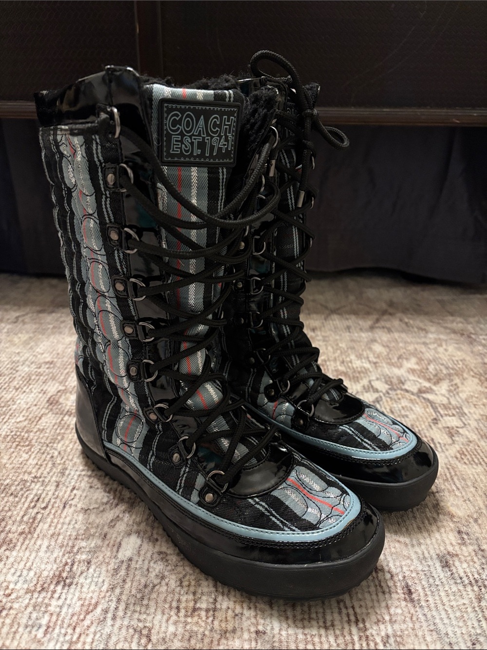 COACH Black & Light blue Lace-Up Signature Tall Boots - new in box